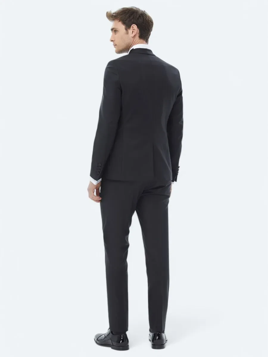 Black Plain Slim Fit Removable Double Breasted Weaving Tuxedo - 11