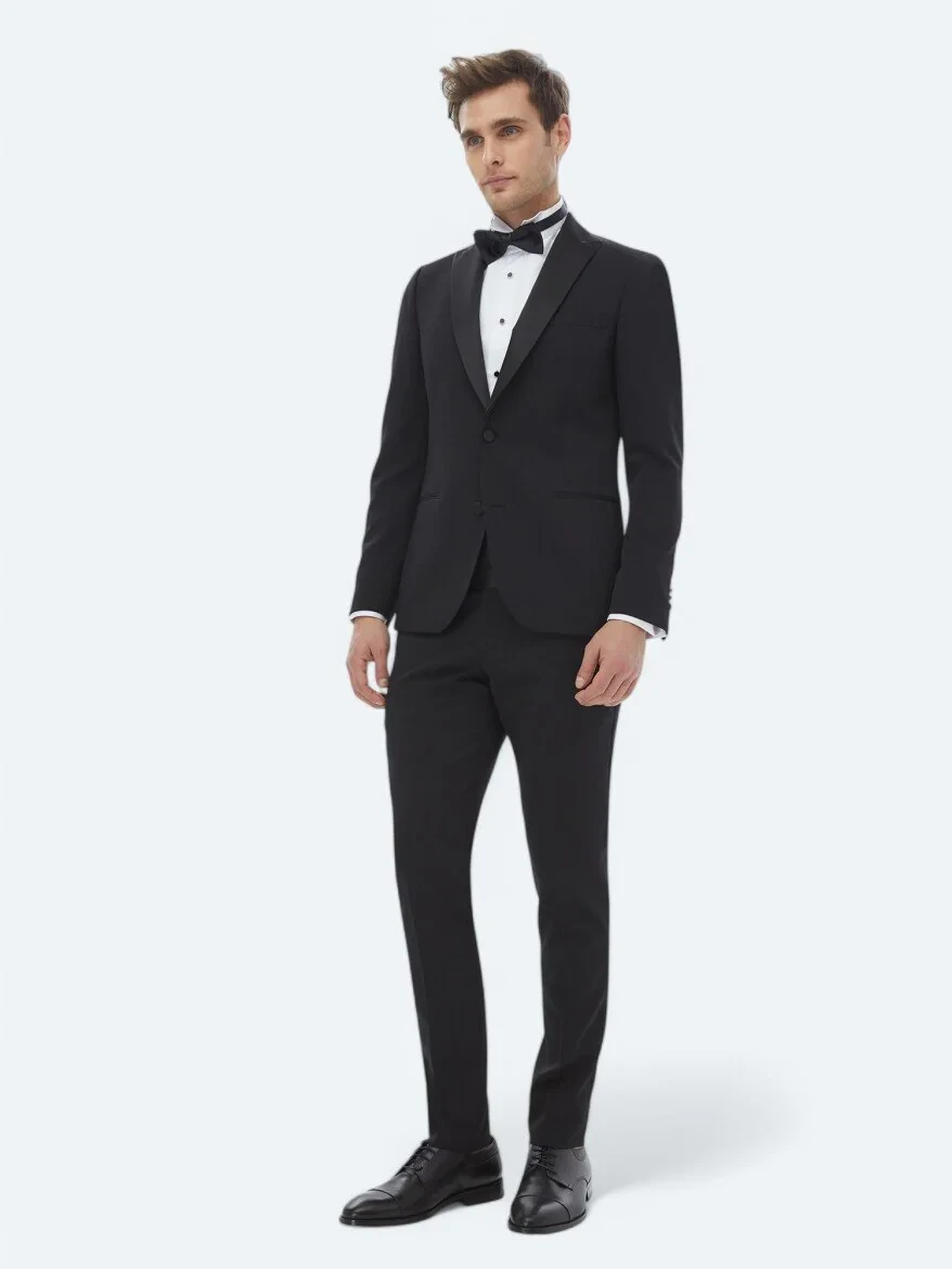 Black Plain Slim Fit Removable Double Breasted Weaving Tuxedo - 2
