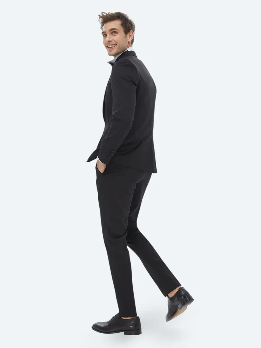 Black Plain Slim Fit Removable Double Breasted Weaving Tuxedo - 8