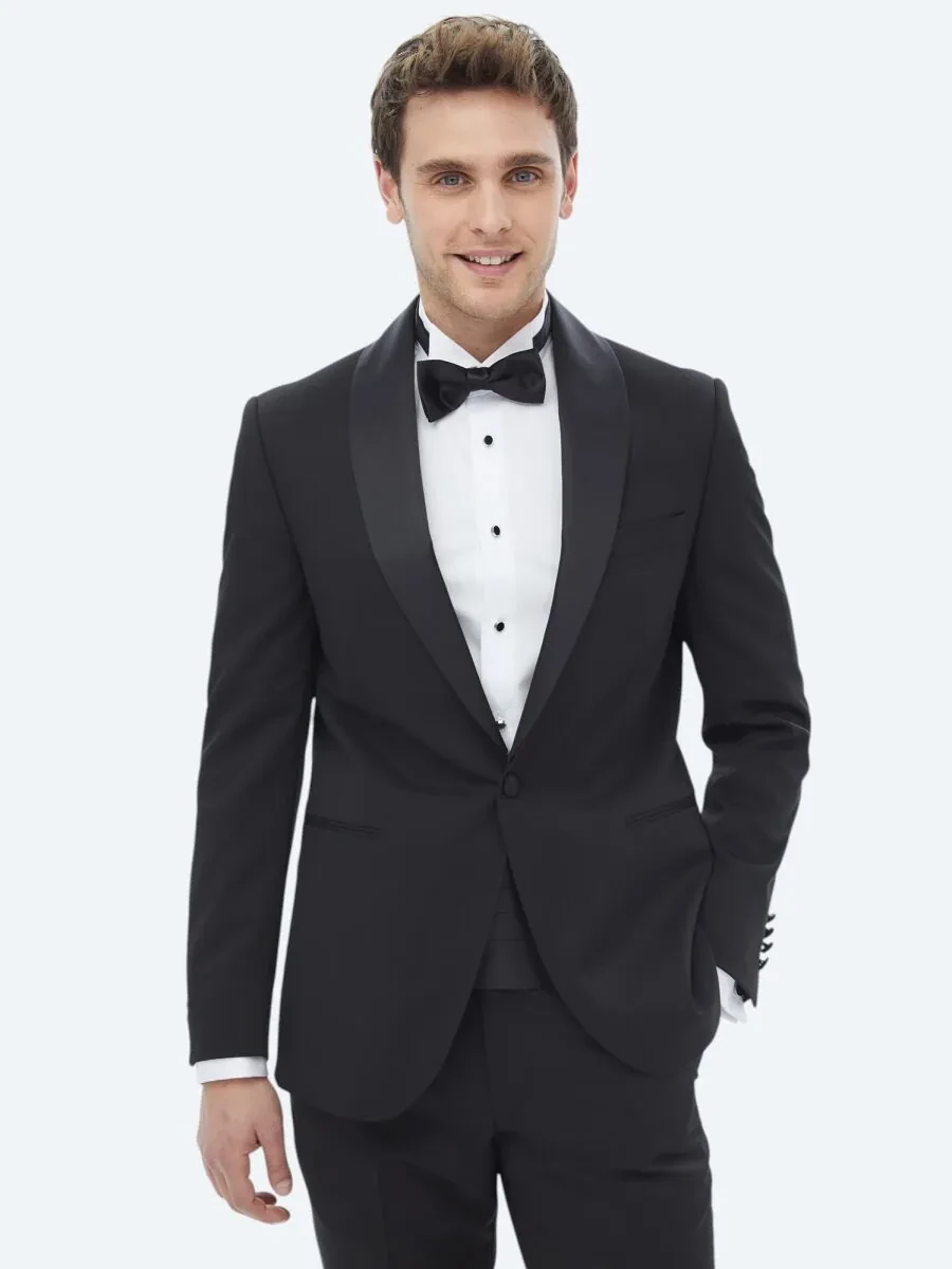 Black Plain Slim Fit Removable Shawl Collar Weaving Tuxedo - 1