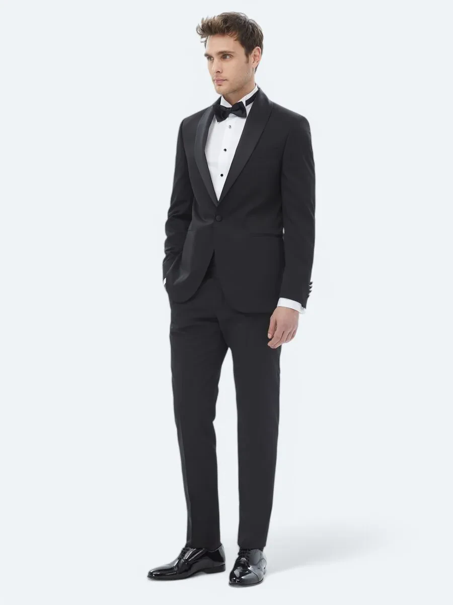 Black Plain Slim Fit Removable Shawl Collar Weaving Tuxedo - 2