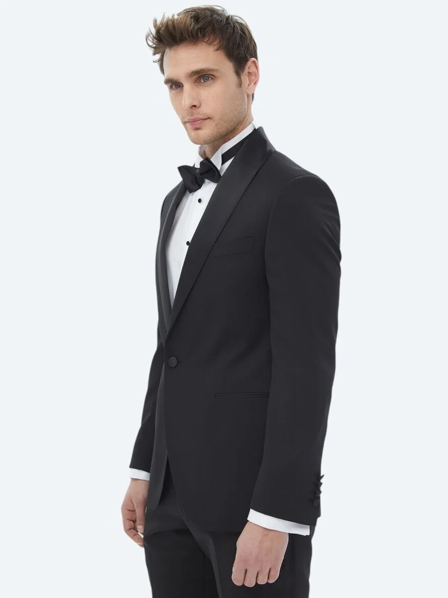 Black Plain Slim Fit Removable Shawl Collar Weaving Tuxedo - 3