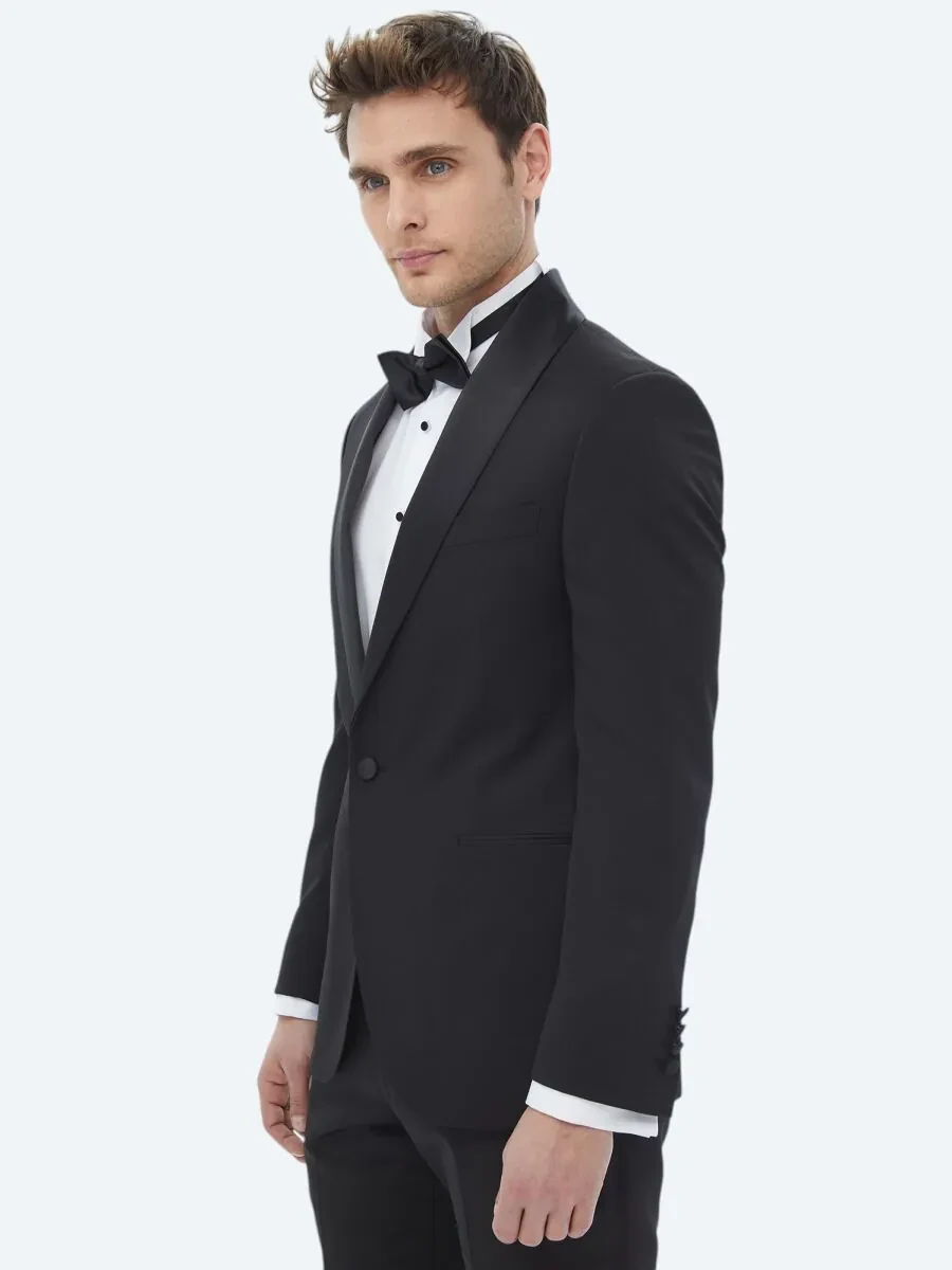 Black Plain Slim Fit Removable Shawl Collar Weaving Tuxedo - 3