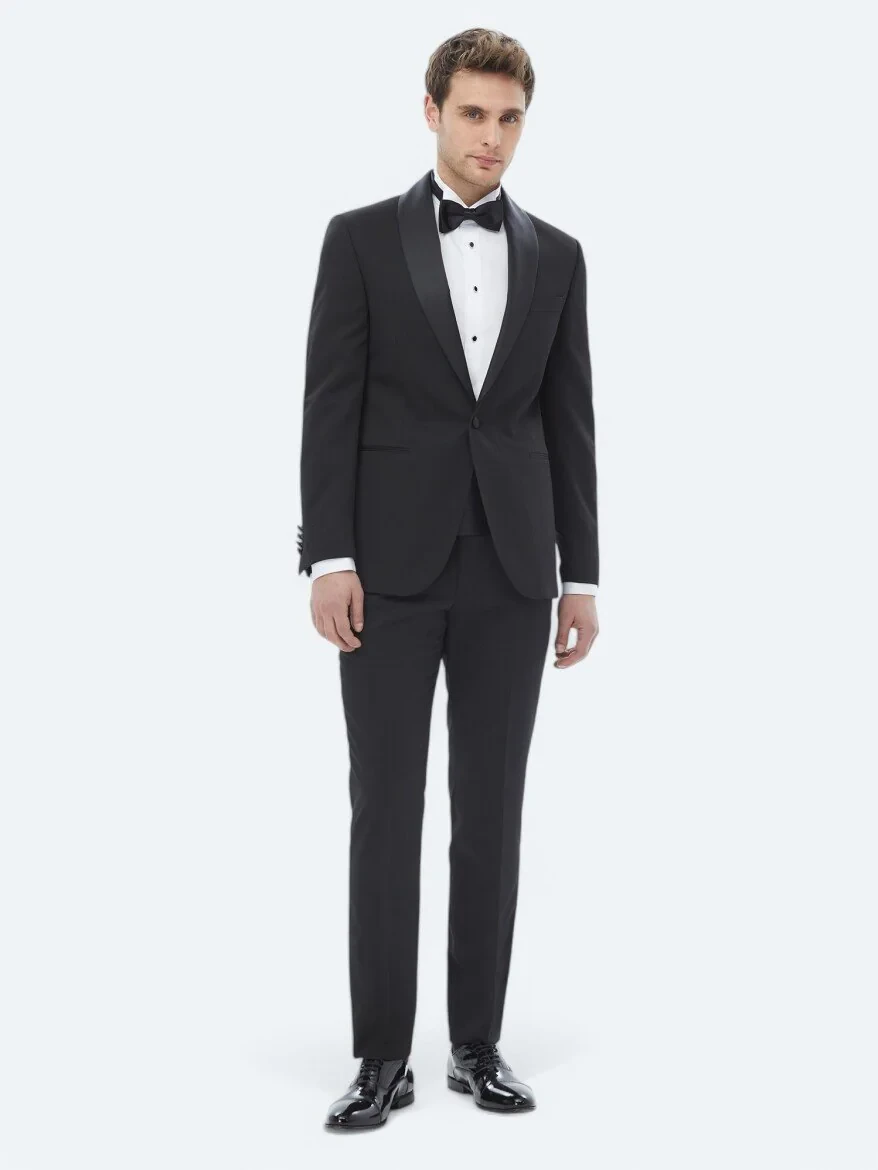 Black Plain Slim Fit Removable Shawl Collar Weaving Tuxedo - 5
