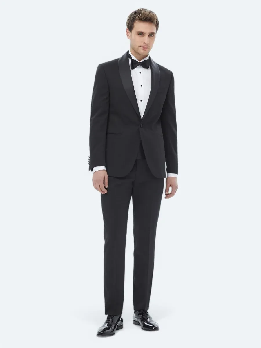Black Plain Slim Fit Removable Shawl Collar Weaving Tuxedo - 5
