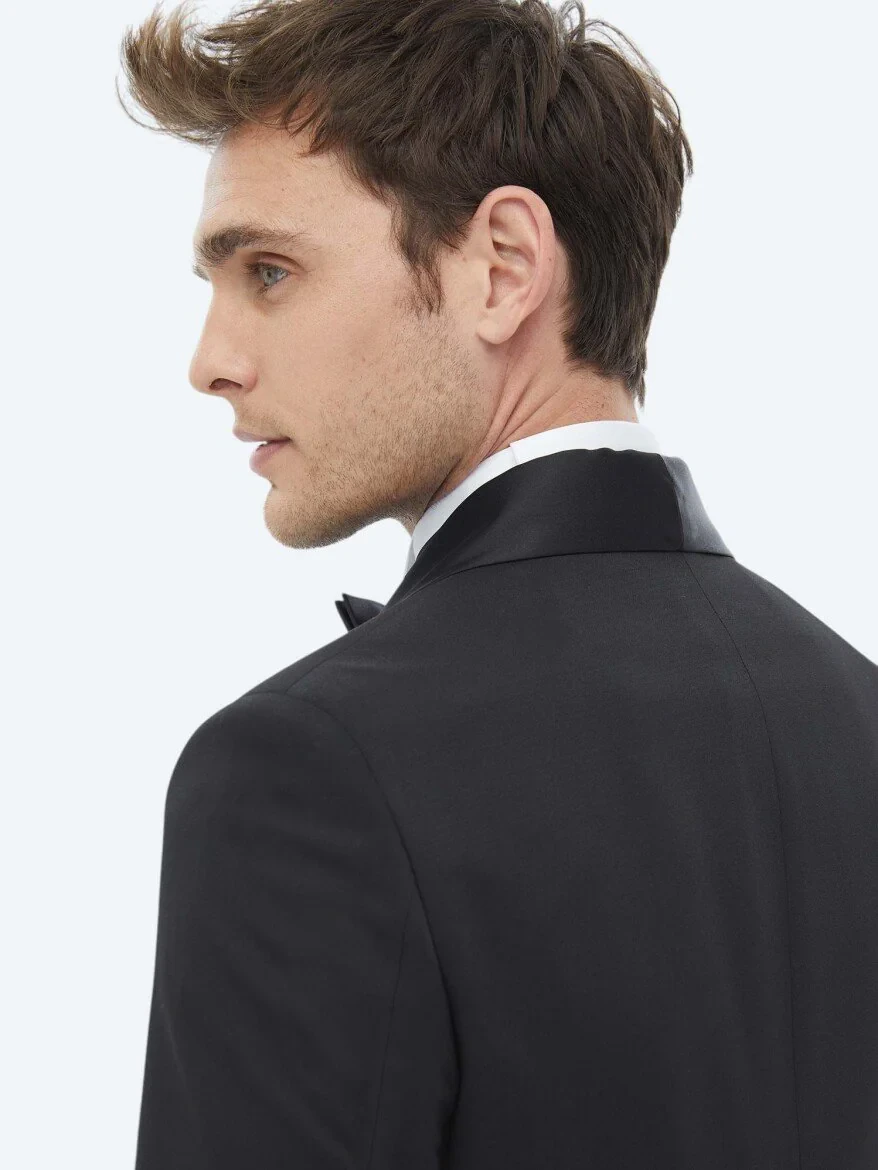 Black Plain Slim Fit Removable Shawl Collar Weaving Tuxedo - 6