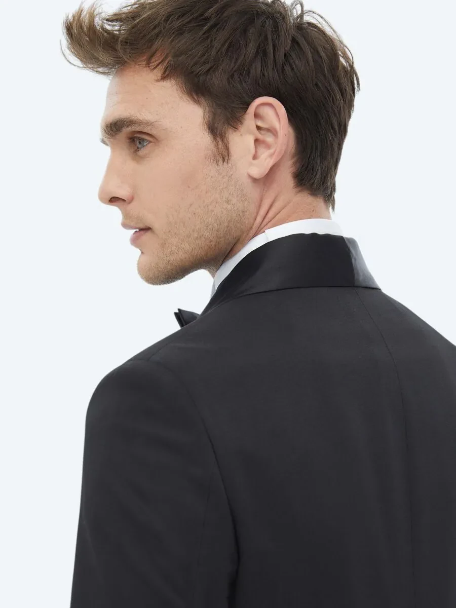 Black Plain Slim Fit Removable Shawl Collar Weaving Tuxedo - 6