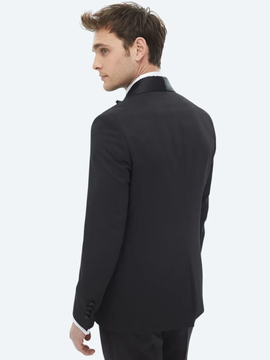 Black Plain Slim Fit Removable Shawl Collar Weaving Tuxedo - 7