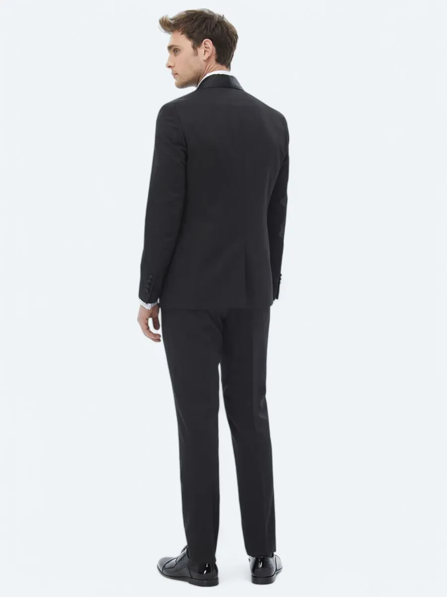Black Plain Slim Fit Removable Shawl Collar Weaving Tuxedo - 8