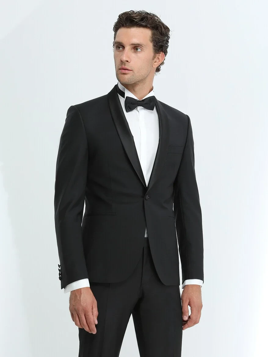Black Plain Slim Fit Shawl Collar Weaving Tuxedo - 1