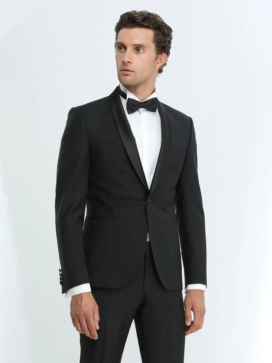 Black Plain Slim Fit Shawl Collar Weaving Tuxedo - 1