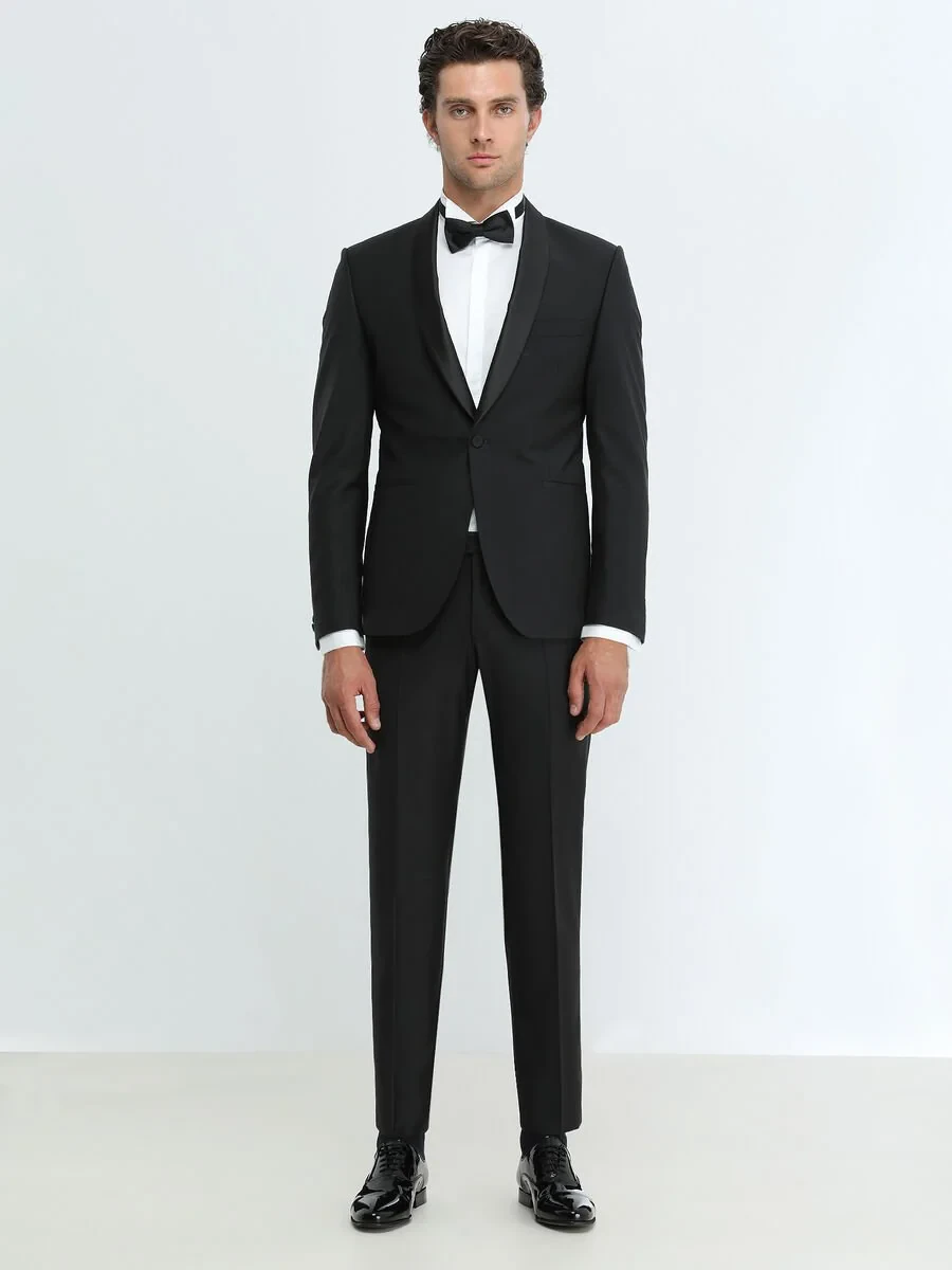 Black Plain Slim Fit Shawl Collar Weaving Tuxedo - 2