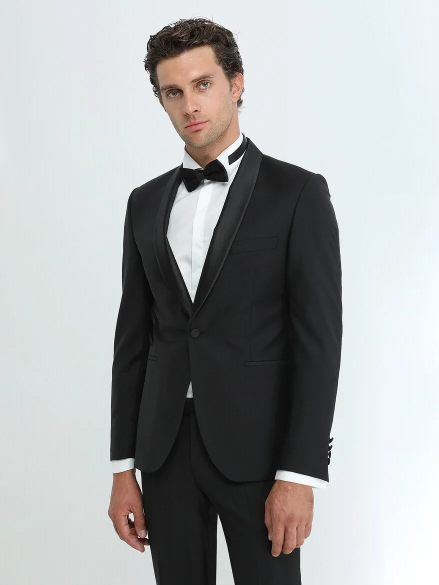 Black Plain Slim Fit Shawl Collar Weaving Tuxedo - 3