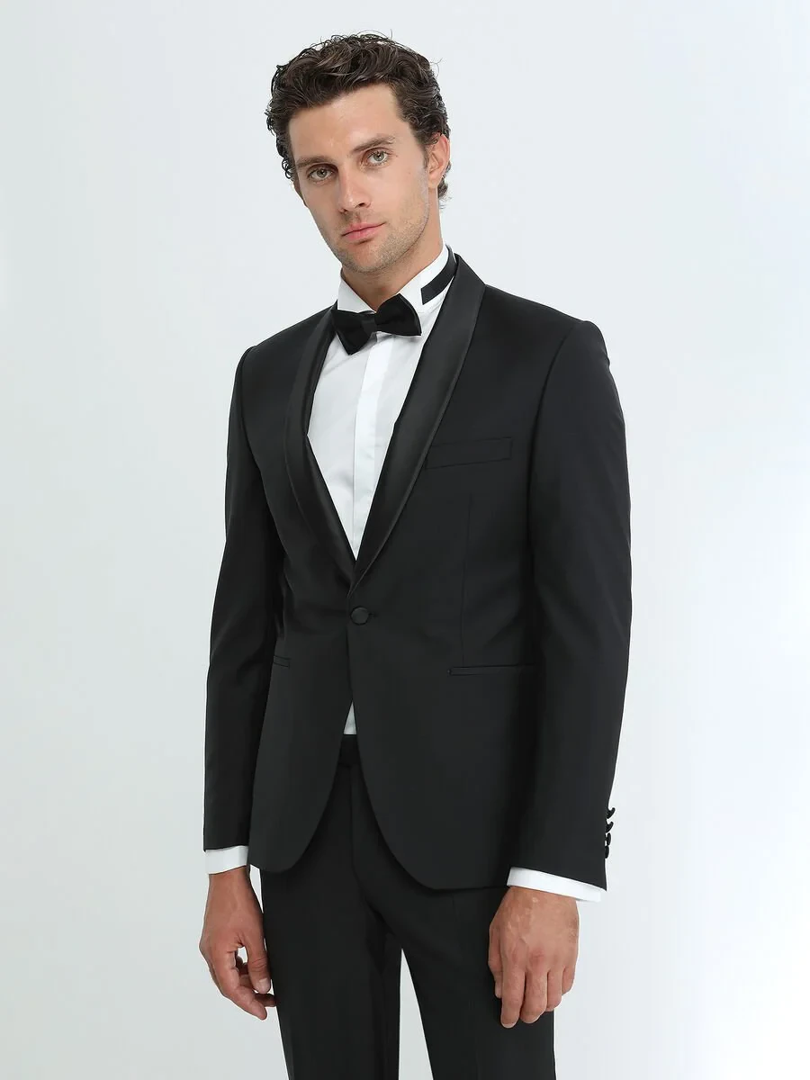Black Plain Slim Fit Shawl Collar Weaving Tuxedo - 3