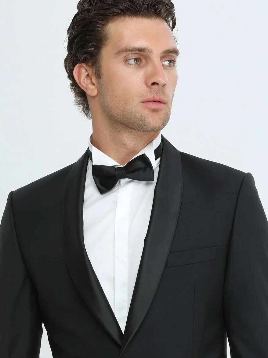 Black Plain Slim Fit Shawl Collar Weaving Tuxedo - 4