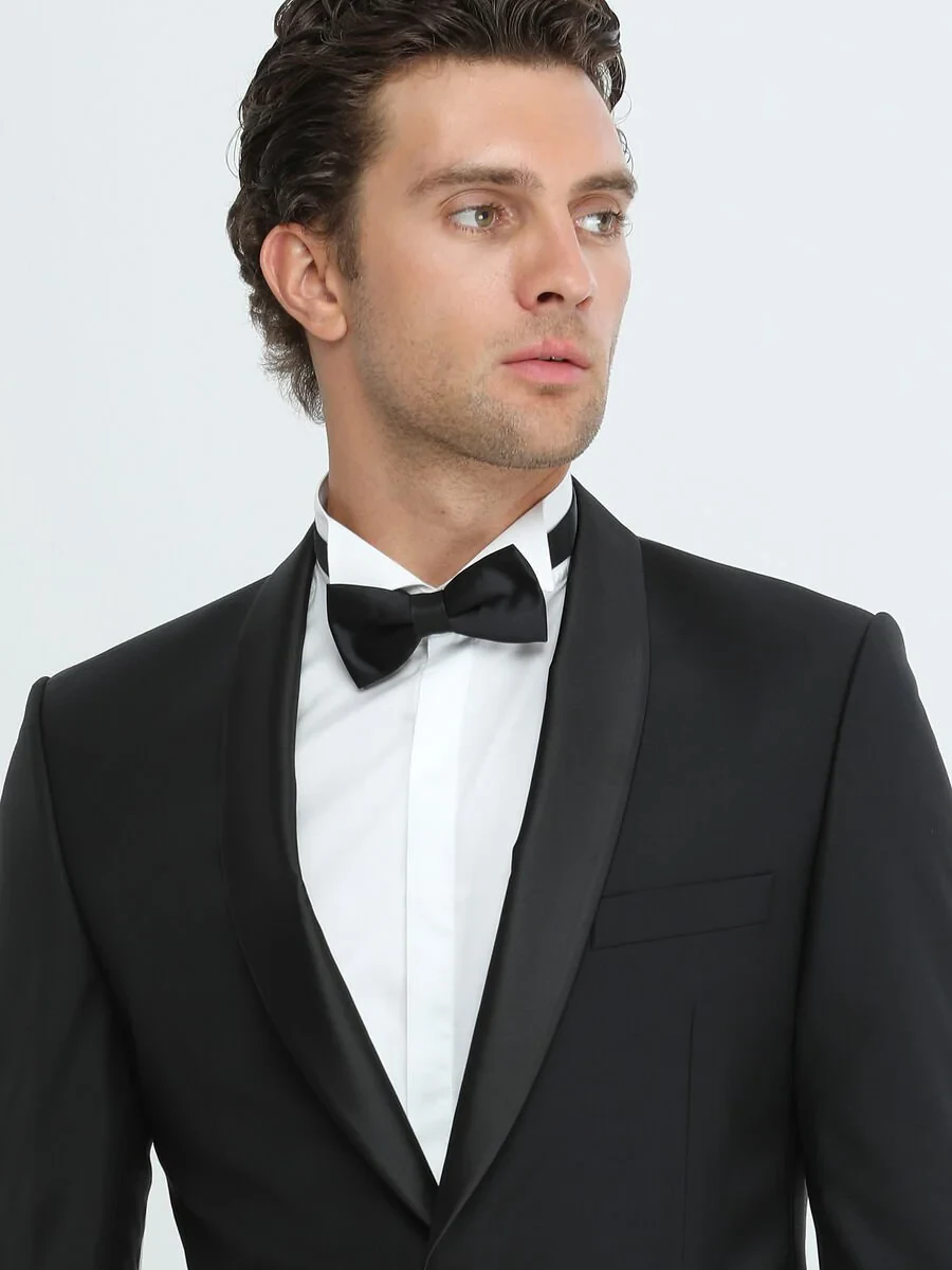 Black Plain Slim Fit Shawl Collar Weaving Tuxedo - 4