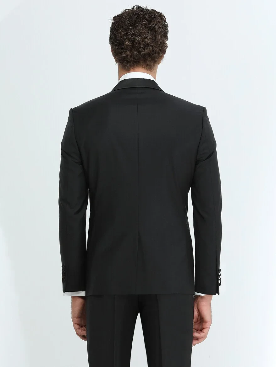 Black Plain Slim Fit Shawl Collar Weaving Tuxedo - 5