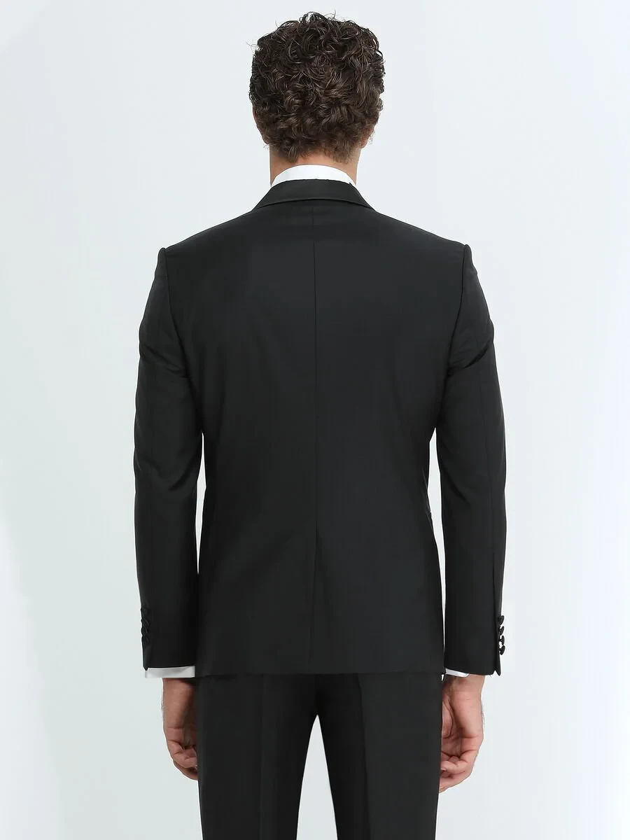 Black Plain Slim Fit Shawl Collar Weaving Tuxedo - 5