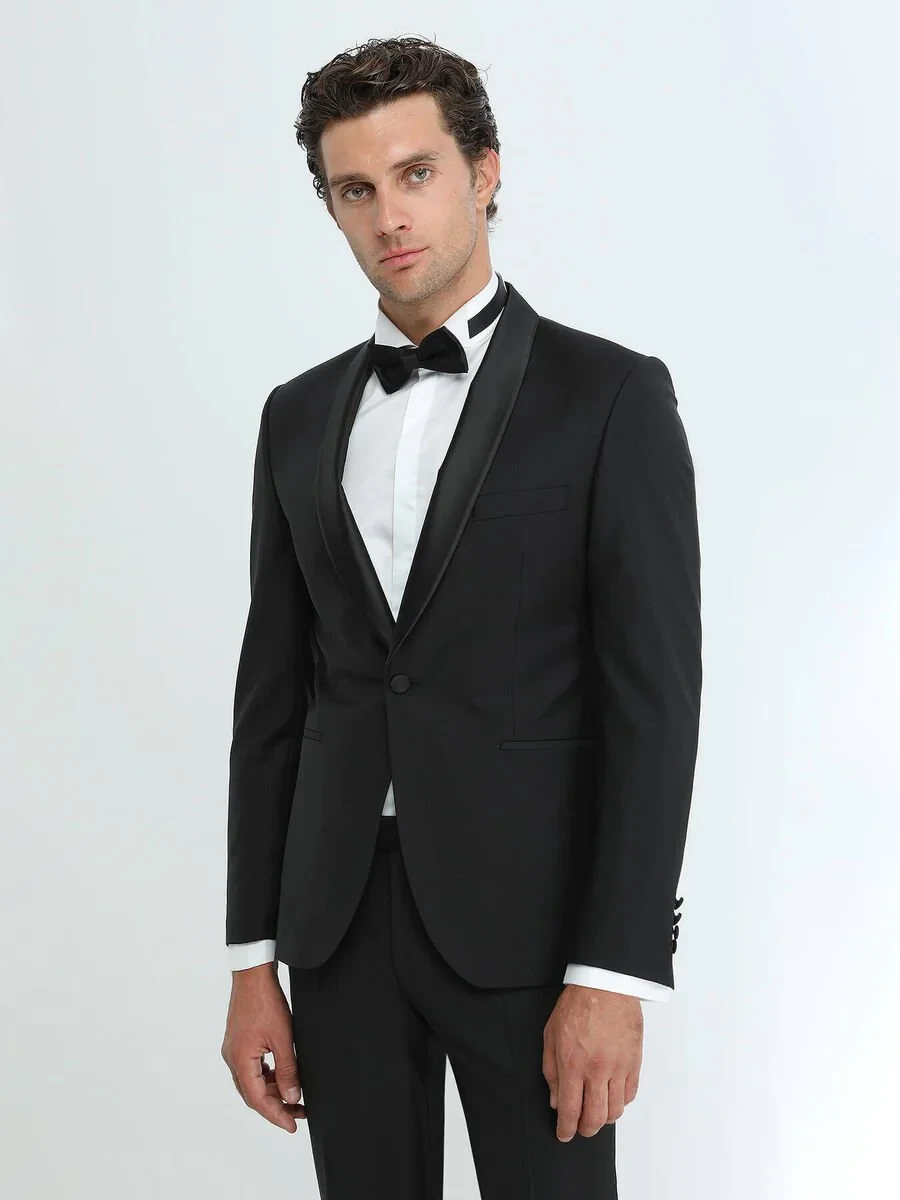 Black Plain Slim Fit Shawl Collar Weaving Tuxedo - 1