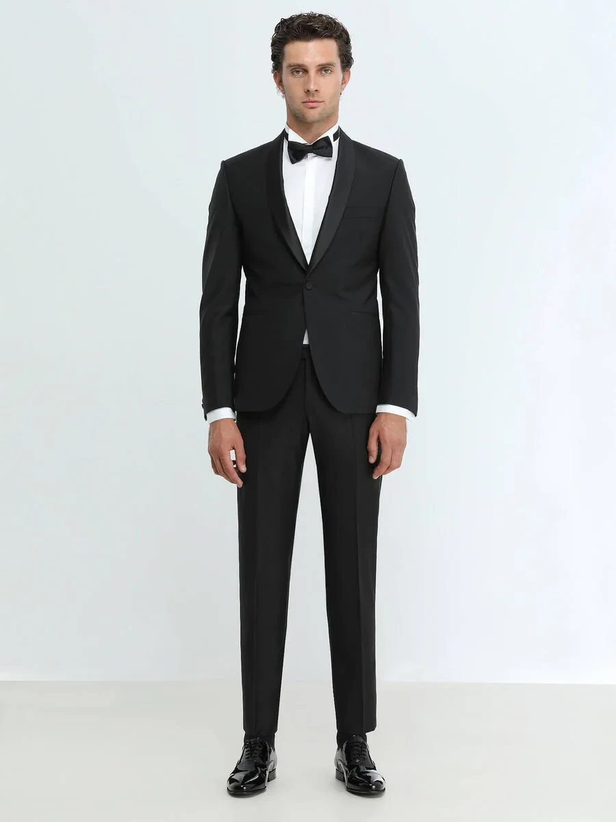 Black Plain Slim Fit Shawl Collar Weaving Tuxedo - 2