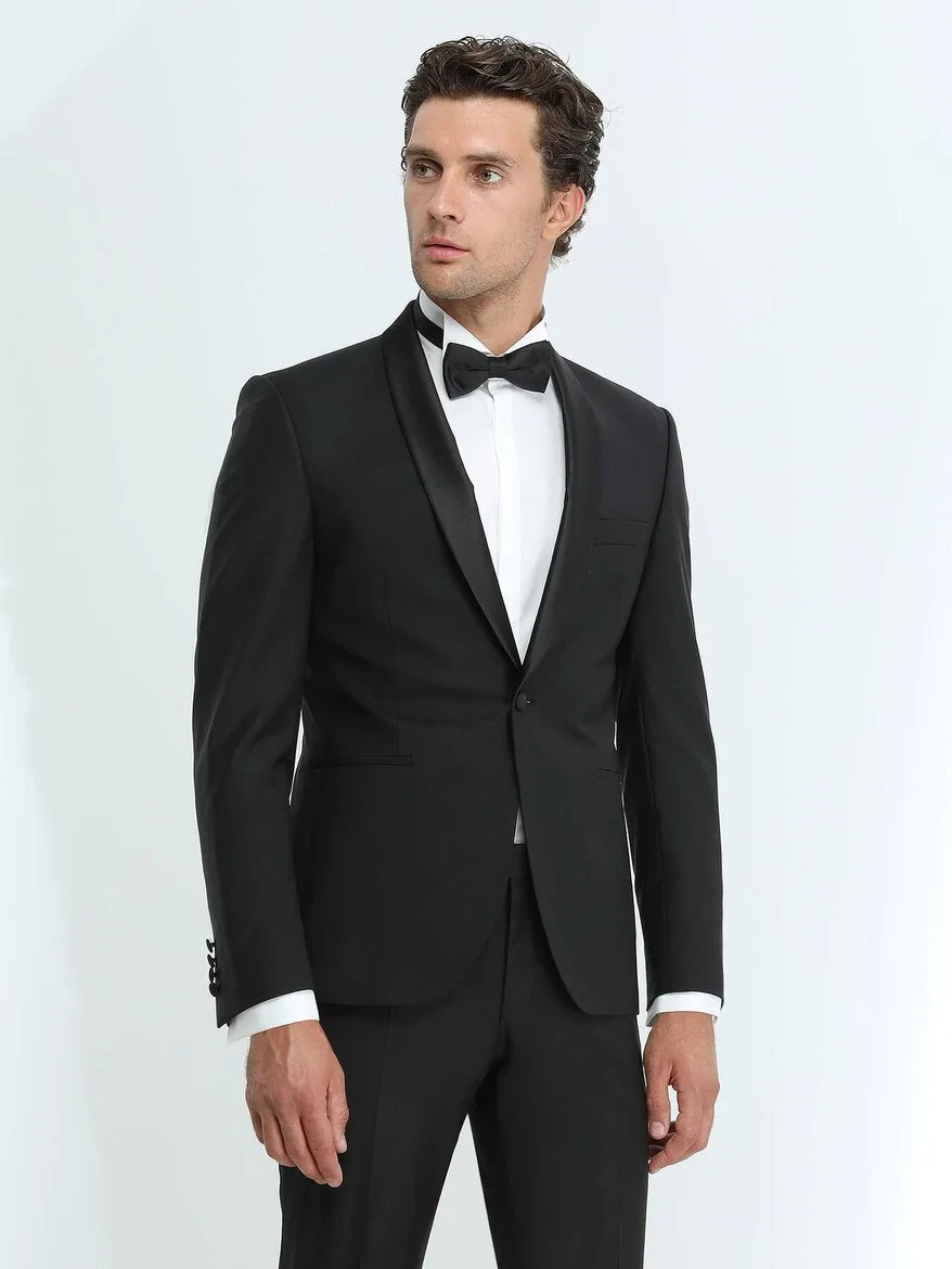 Black Plain Slim Fit Shawl Collar Weaving Tuxedo - 3