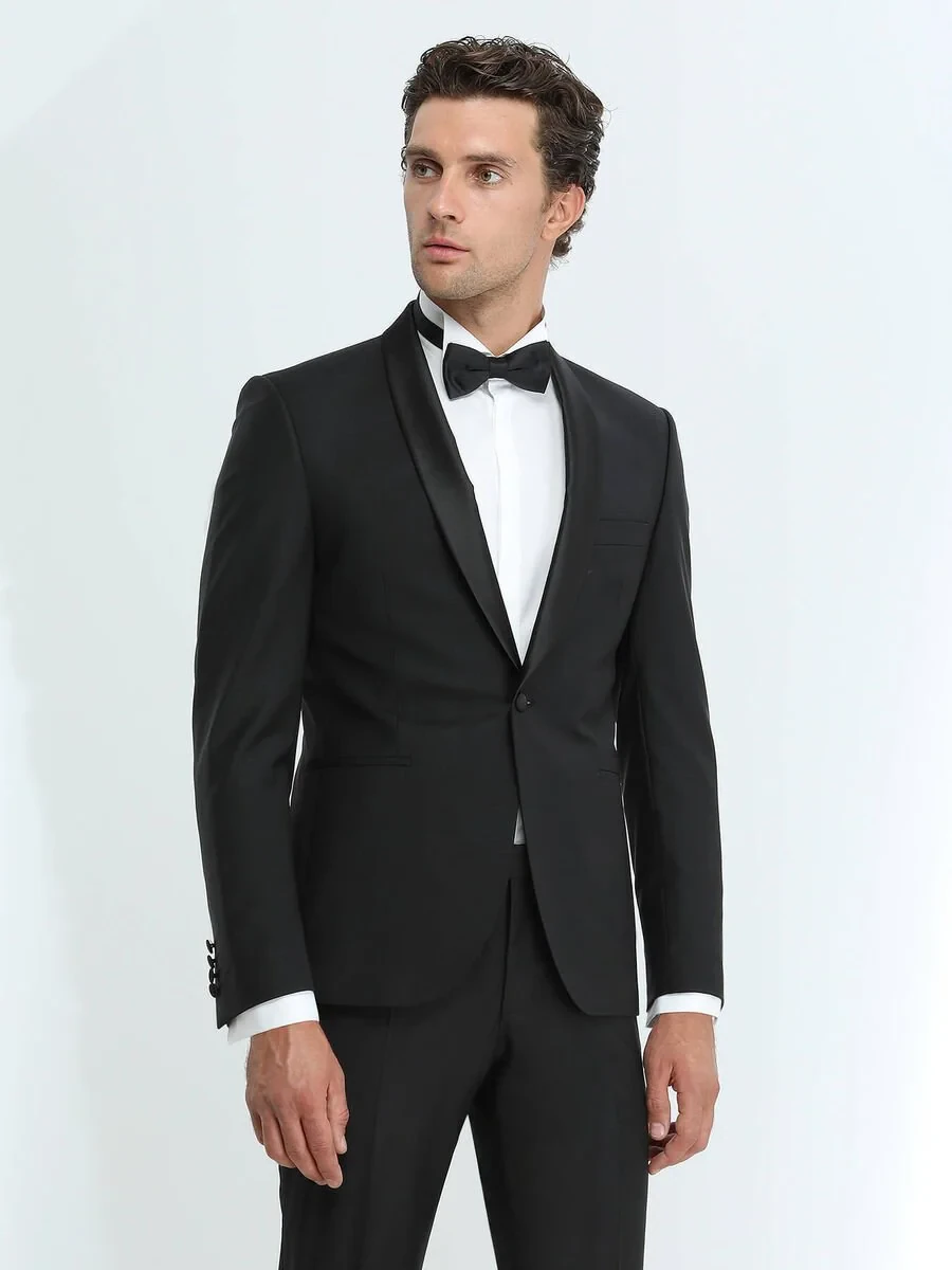 Black Plain Slim Fit Shawl Collar Weaving Tuxedo - 3