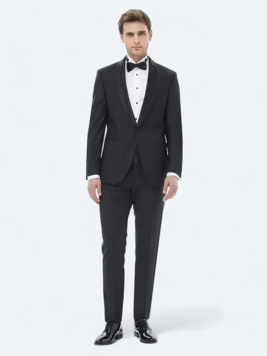 Black Plain Slim Fit Shawl Collar Weaving Tuxedo - 1