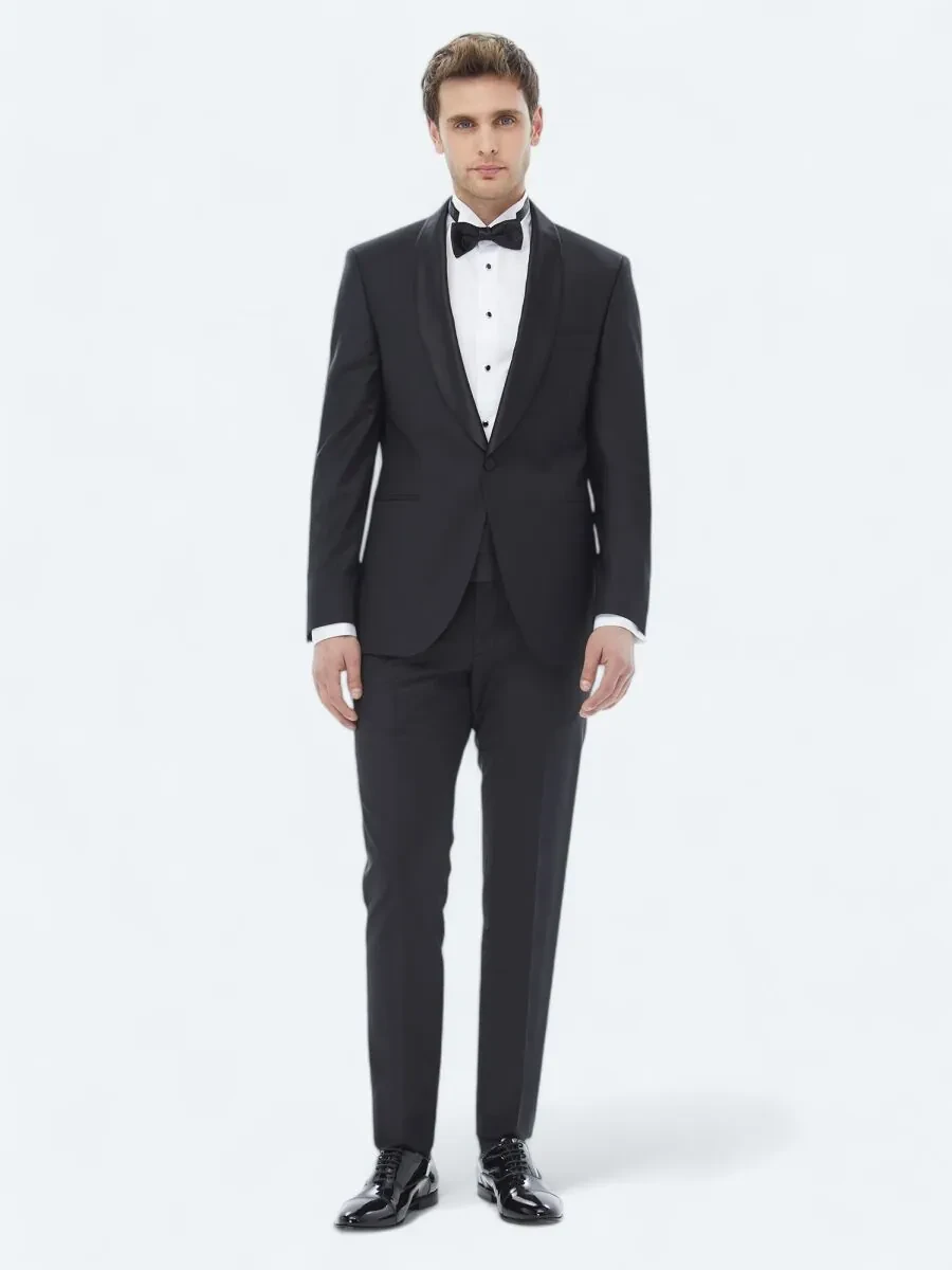 Black Plain Slim Fit Shawl Collar Weaving Tuxedo - 1