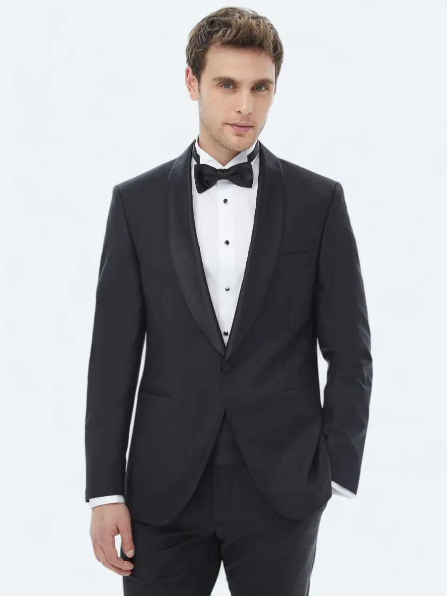 Black Plain Slim Fit Shawl Collar Weaving Tuxedo - 2