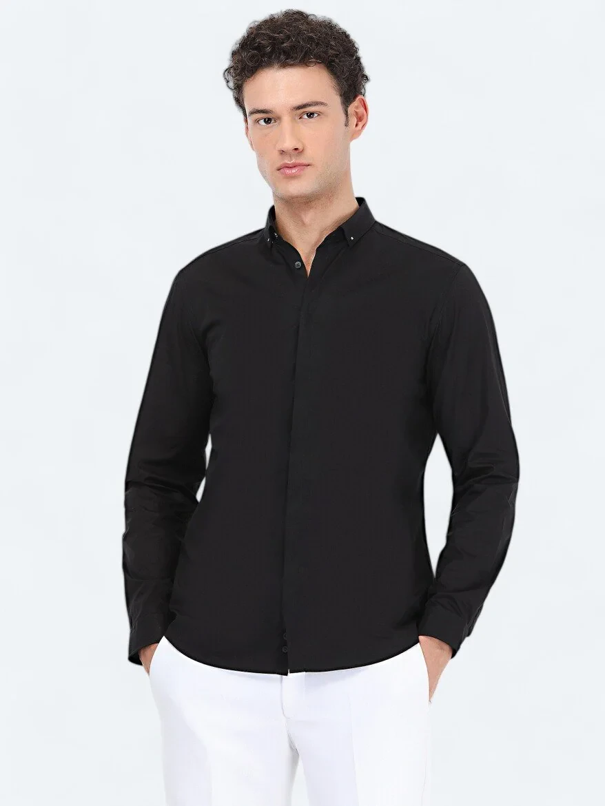 Black Plain Slim Fit Weaving Classical 100% Cotton Shirt - 1