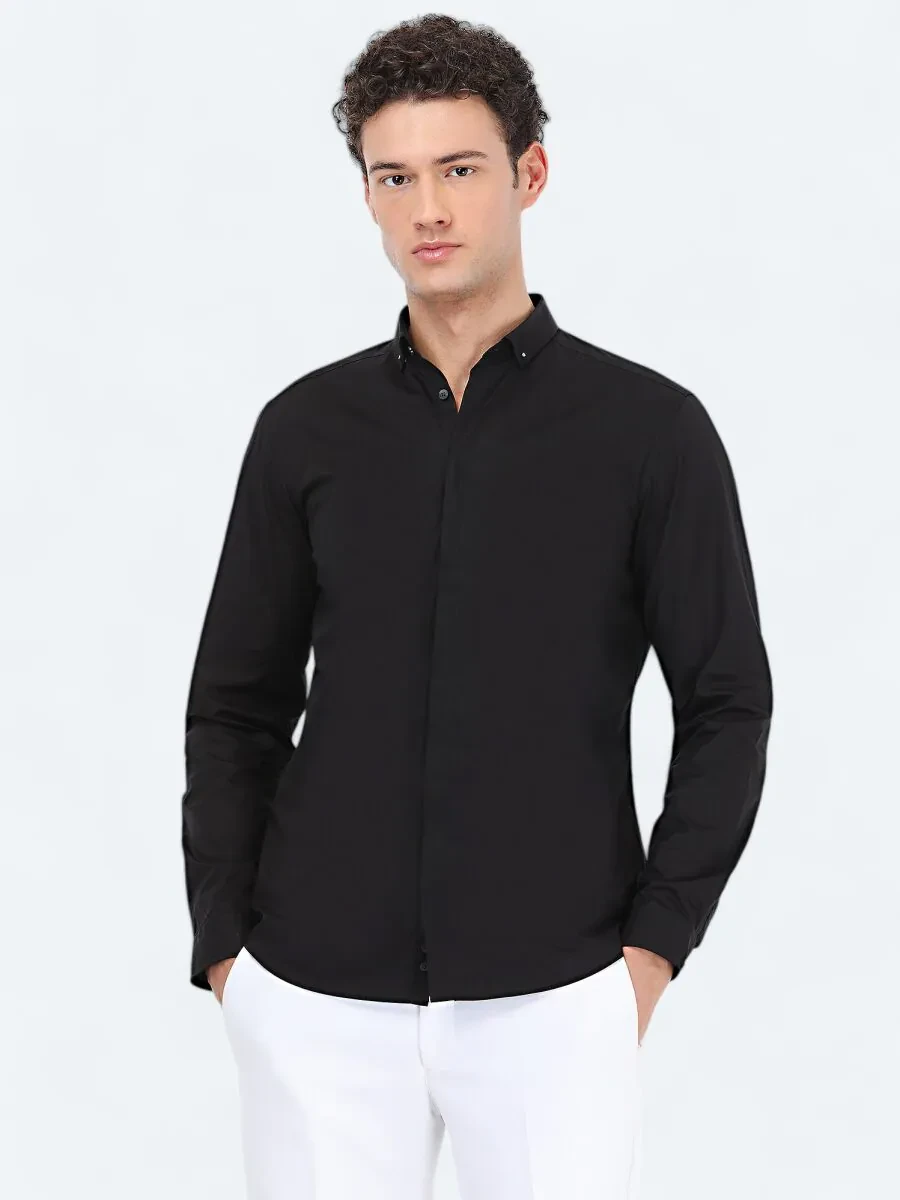 Black Plain Slim Fit Weaving Classical 100% Cotton Shirt - 1
