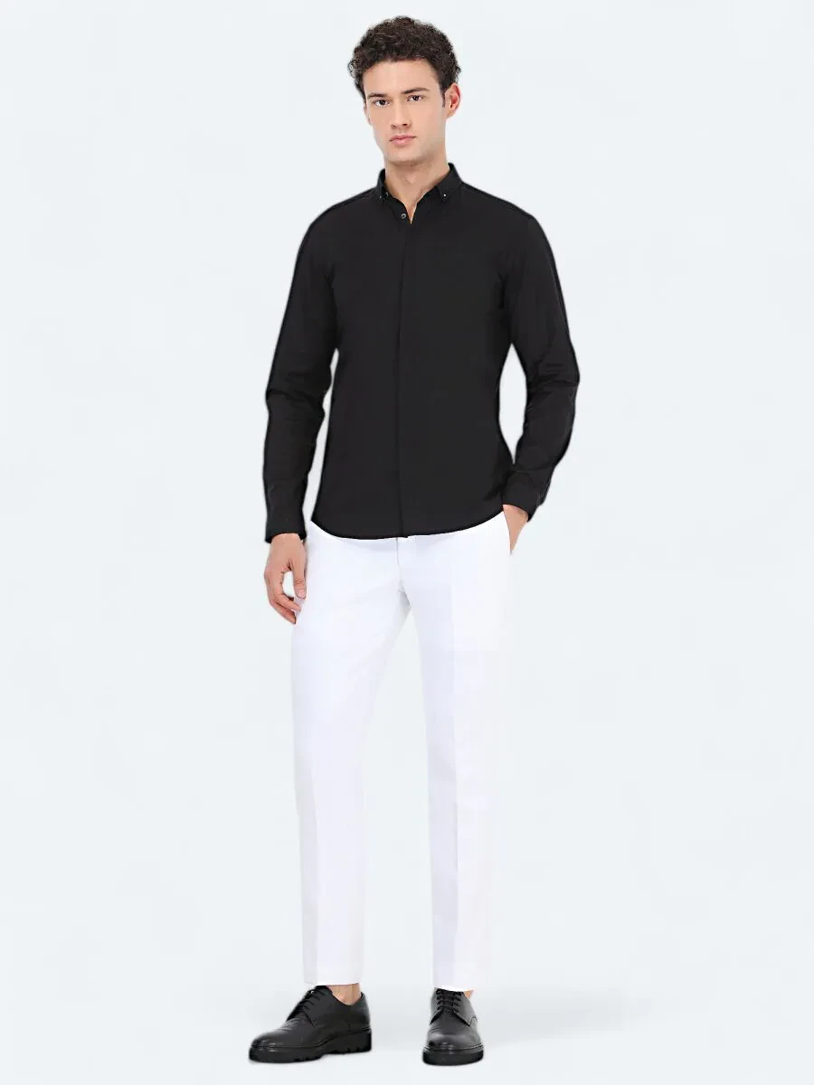 Black Plain Slim Fit Weaving Classical 100% Cotton Shirt - 2