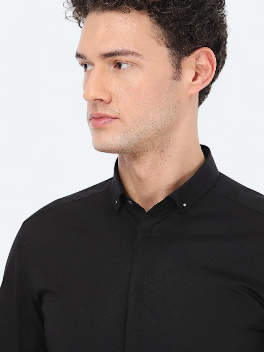 Black Plain Slim Fit Weaving Classical 100% Cotton Shirt - 3