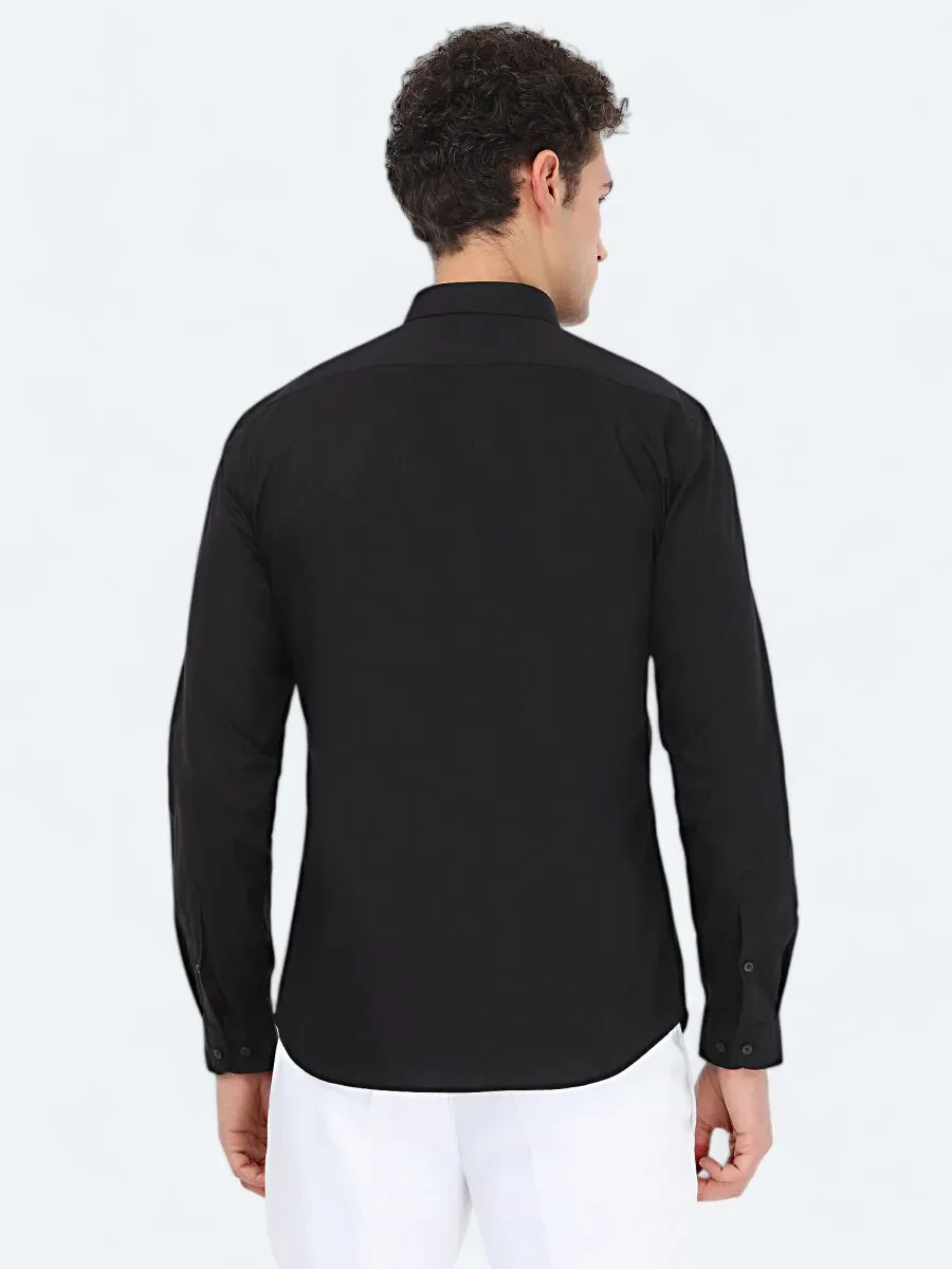 Black Plain Slim Fit Weaving Classical 100% Cotton Shirt - 6