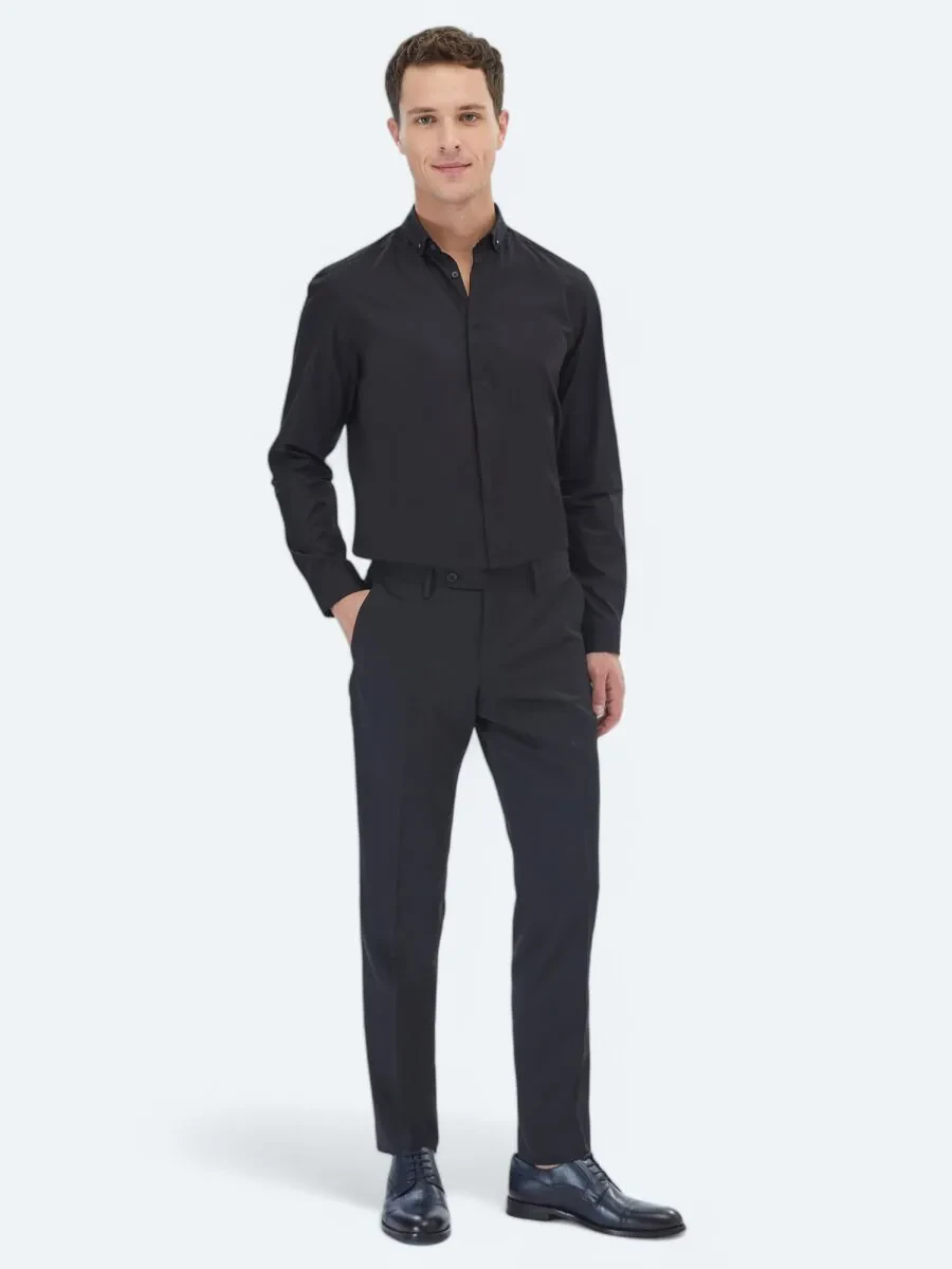 Black Plain Slim Fit Weaving Classical 100% Cotton Shirt - 2