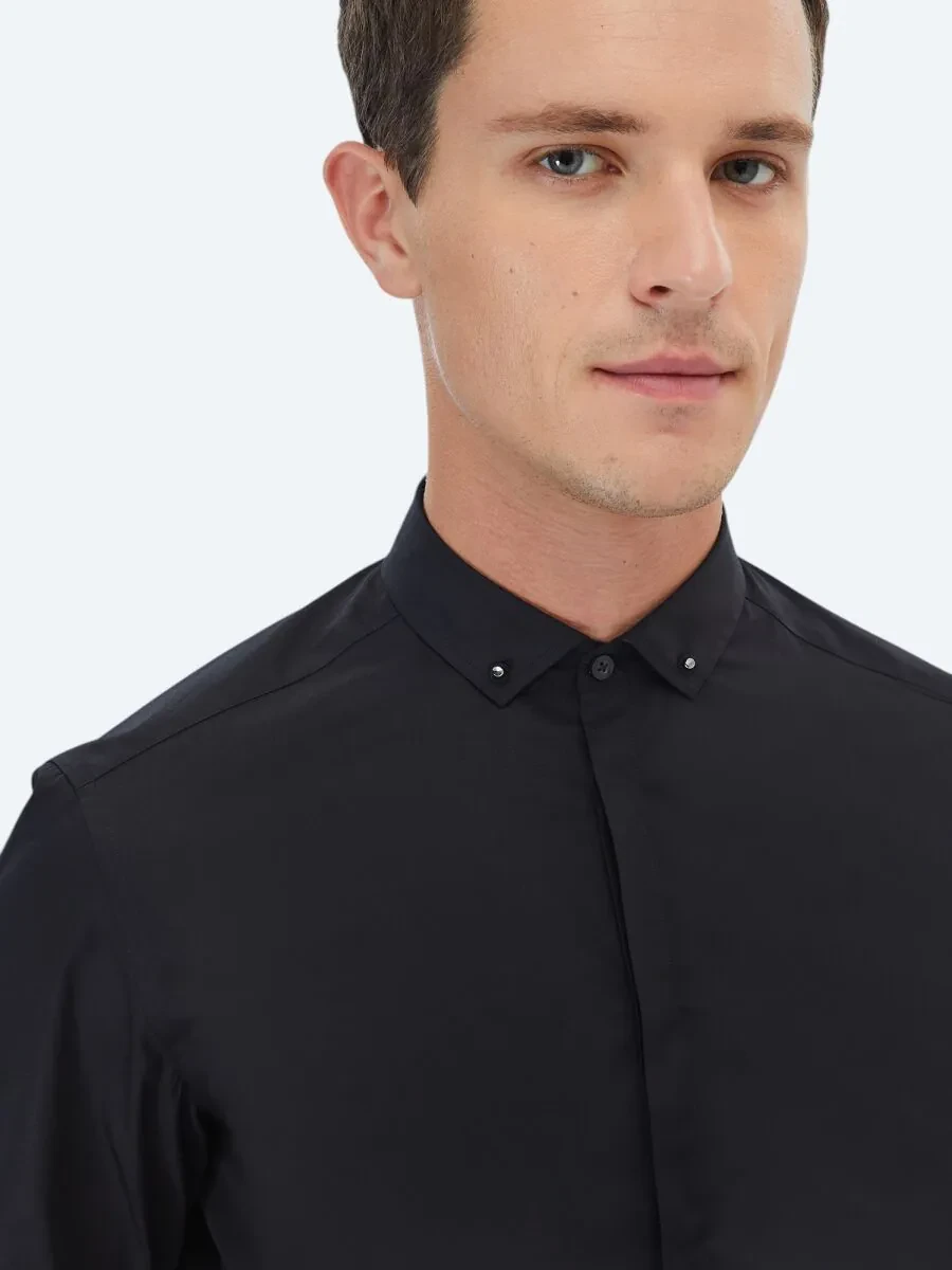 Black Plain Slim Fit Weaving Classical 100% Cotton Shirt - 3