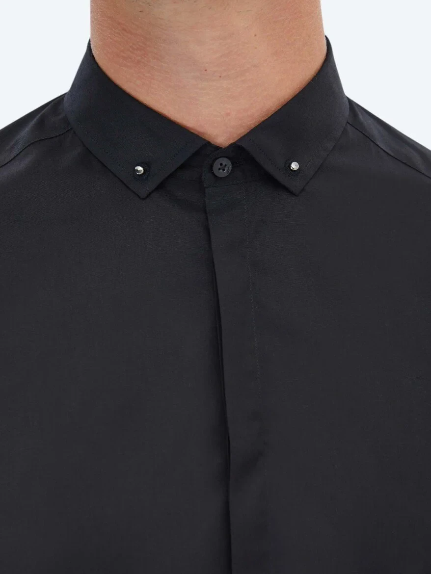 Black Plain Slim Fit Weaving Classical 100% Cotton Shirt 