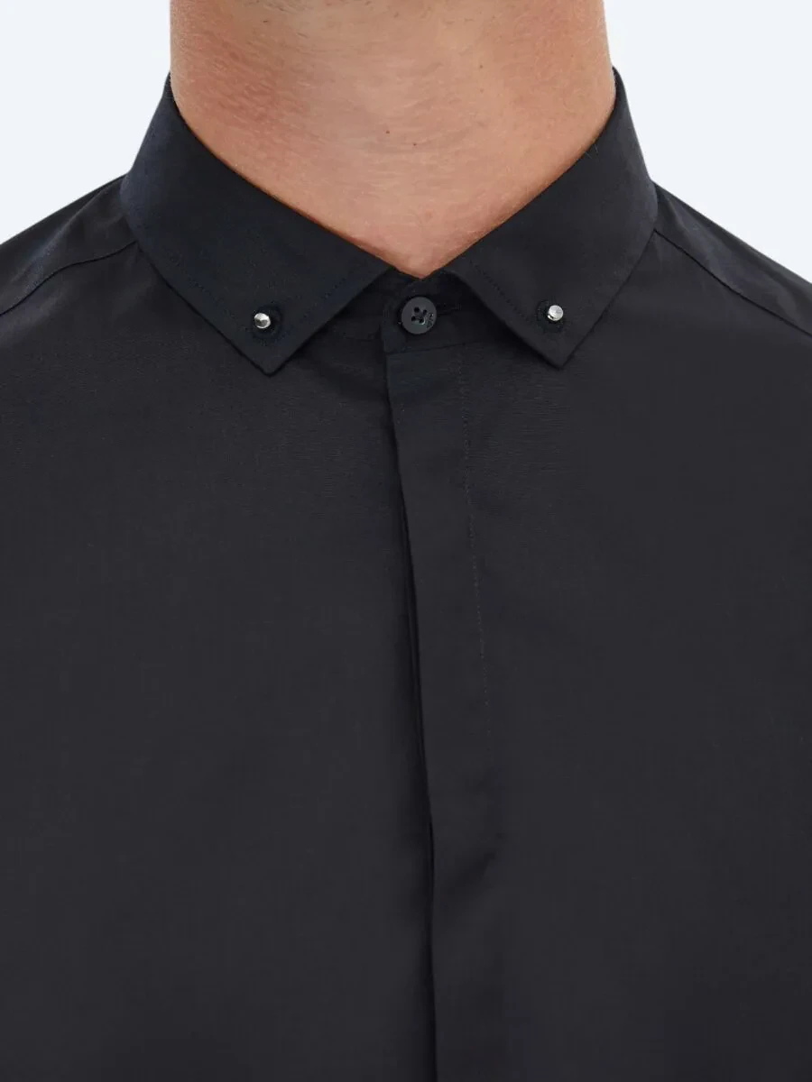 Black Plain Slim Fit Weaving Classical 100% Cotton Shirt - 4