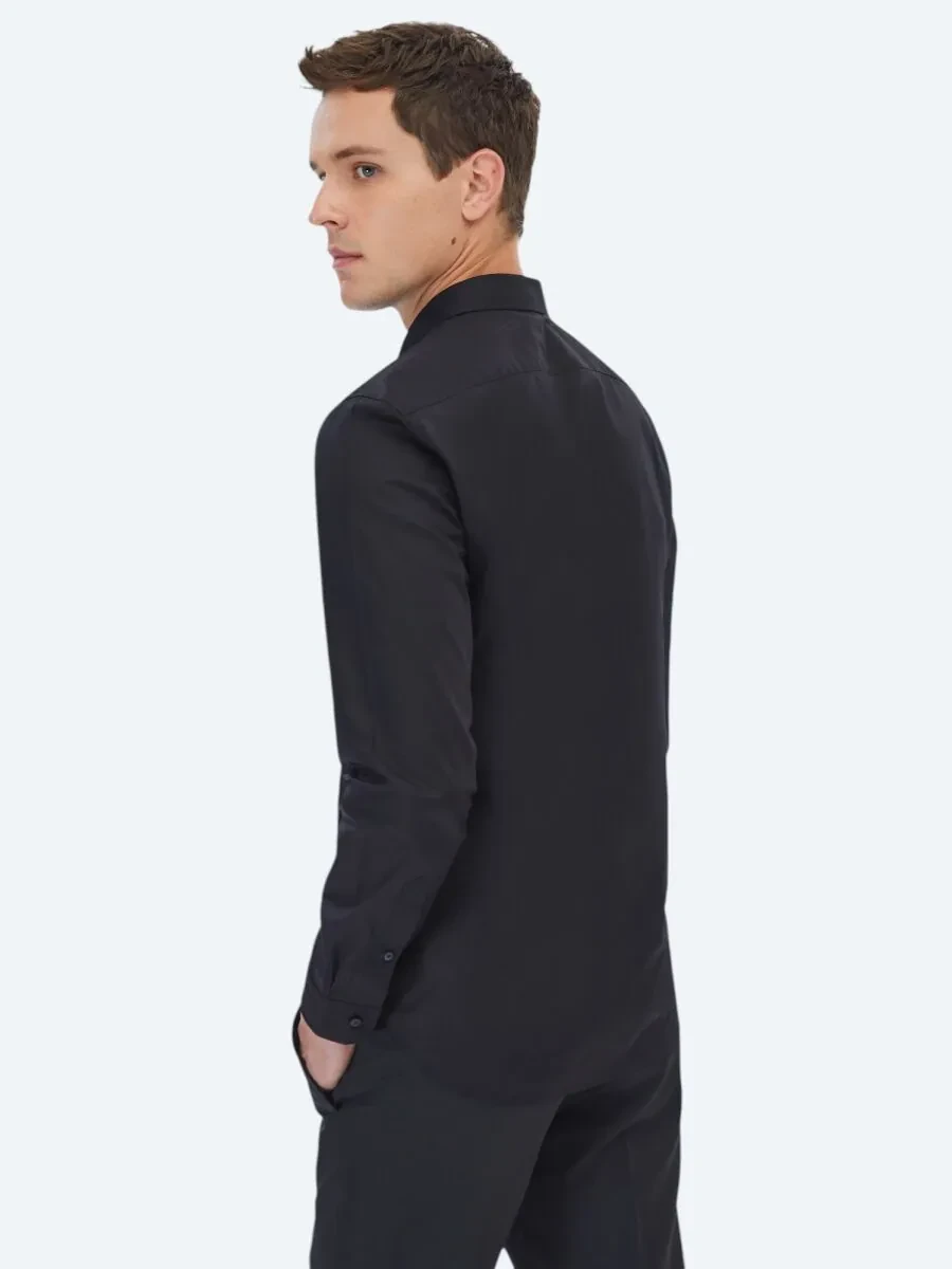 Black Plain Slim Fit Weaving Classical 100% Cotton Shirt - 5