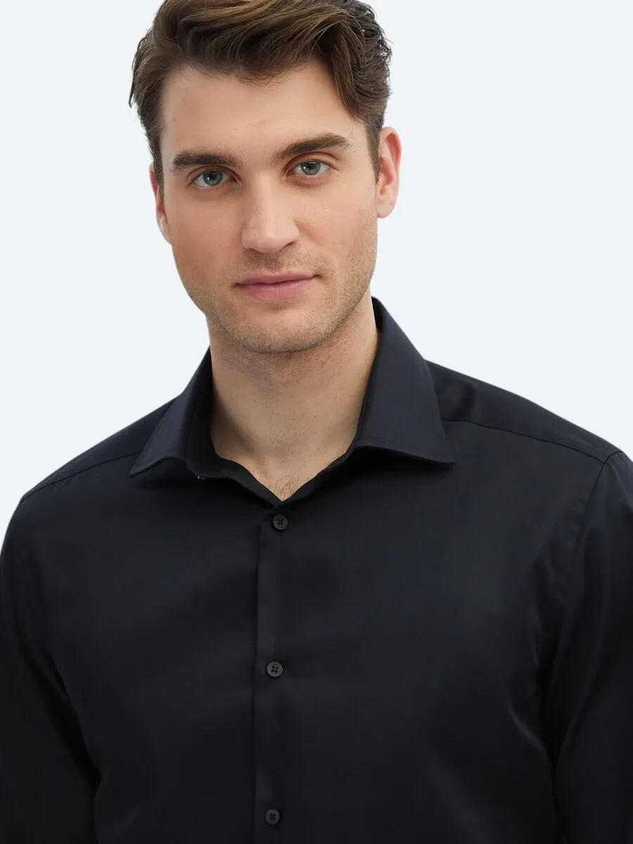 Black Plain Slim Fit Weaving Classical 100% Cotton Shirt - 4