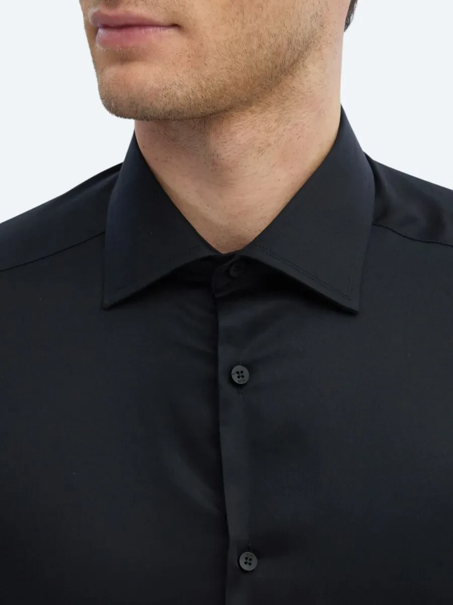 Black Plain Slim Fit Weaving Classical 100% Cotton Shirt - 5