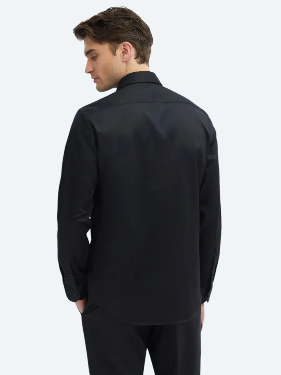 Black Plain Slim Fit Weaving Classical 100% Cotton Shirt - 6