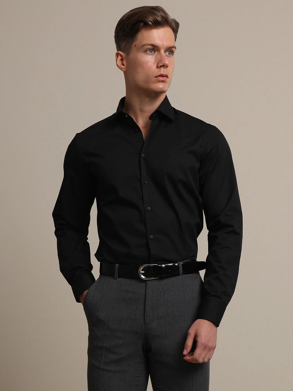 Black Plain Slim Fit Weaving Classical Cotton Blended Shirt - 2
