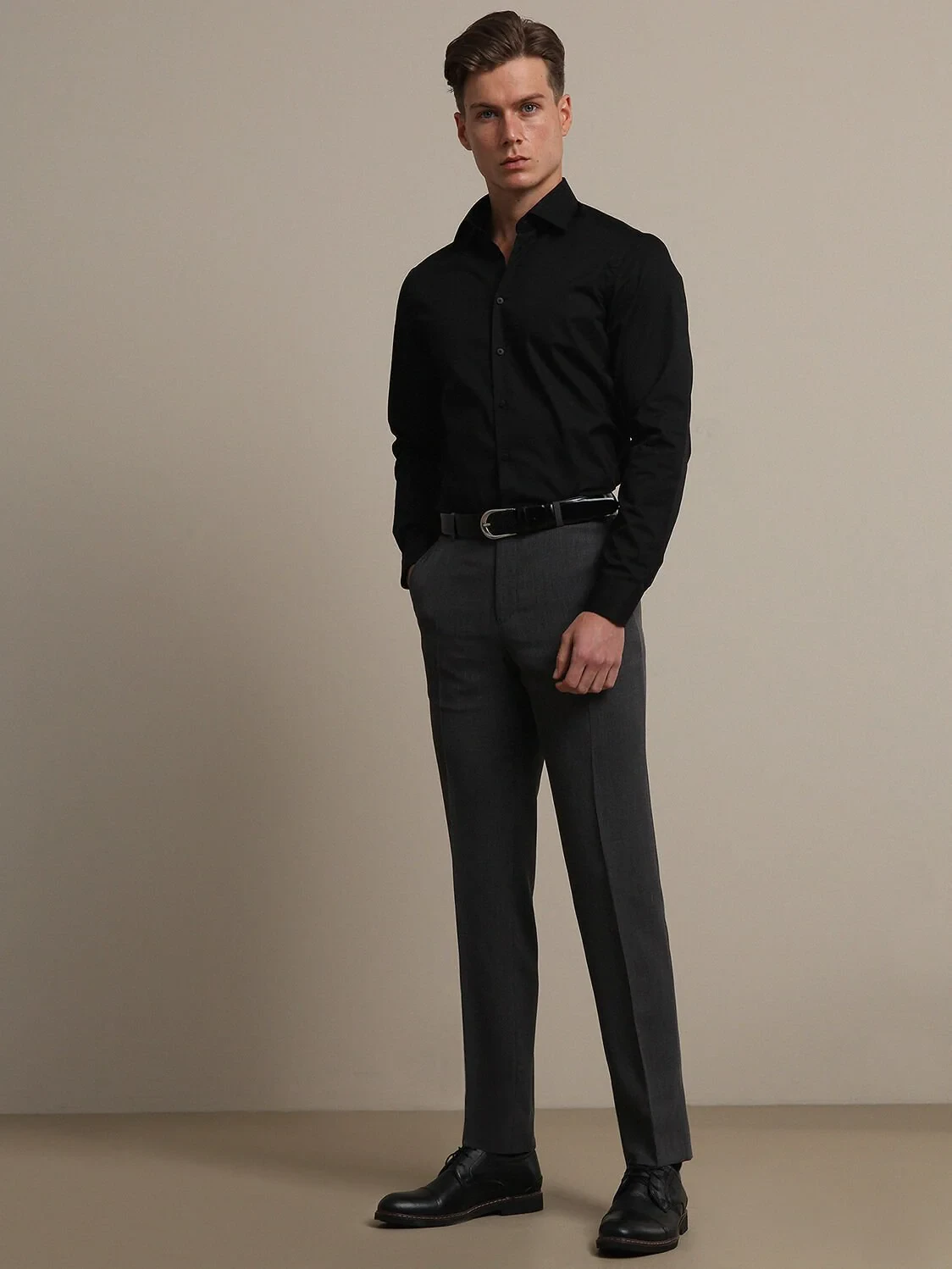 Black Plain Slim Fit Weaving Classical Cotton Blended Shirt - 3