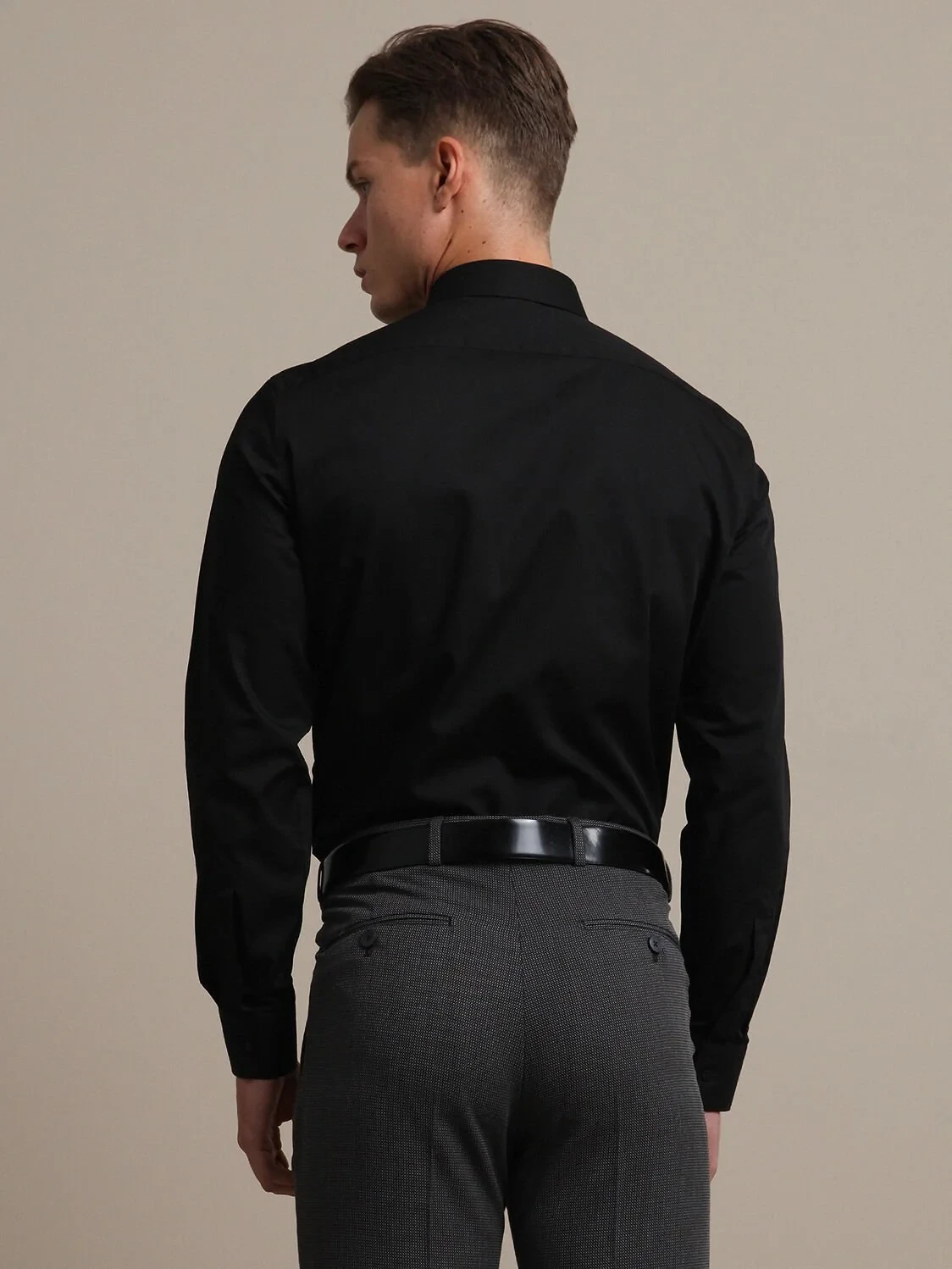 Black Plain Slim Fit Weaving Classical Cotton Blended Shirt - 4