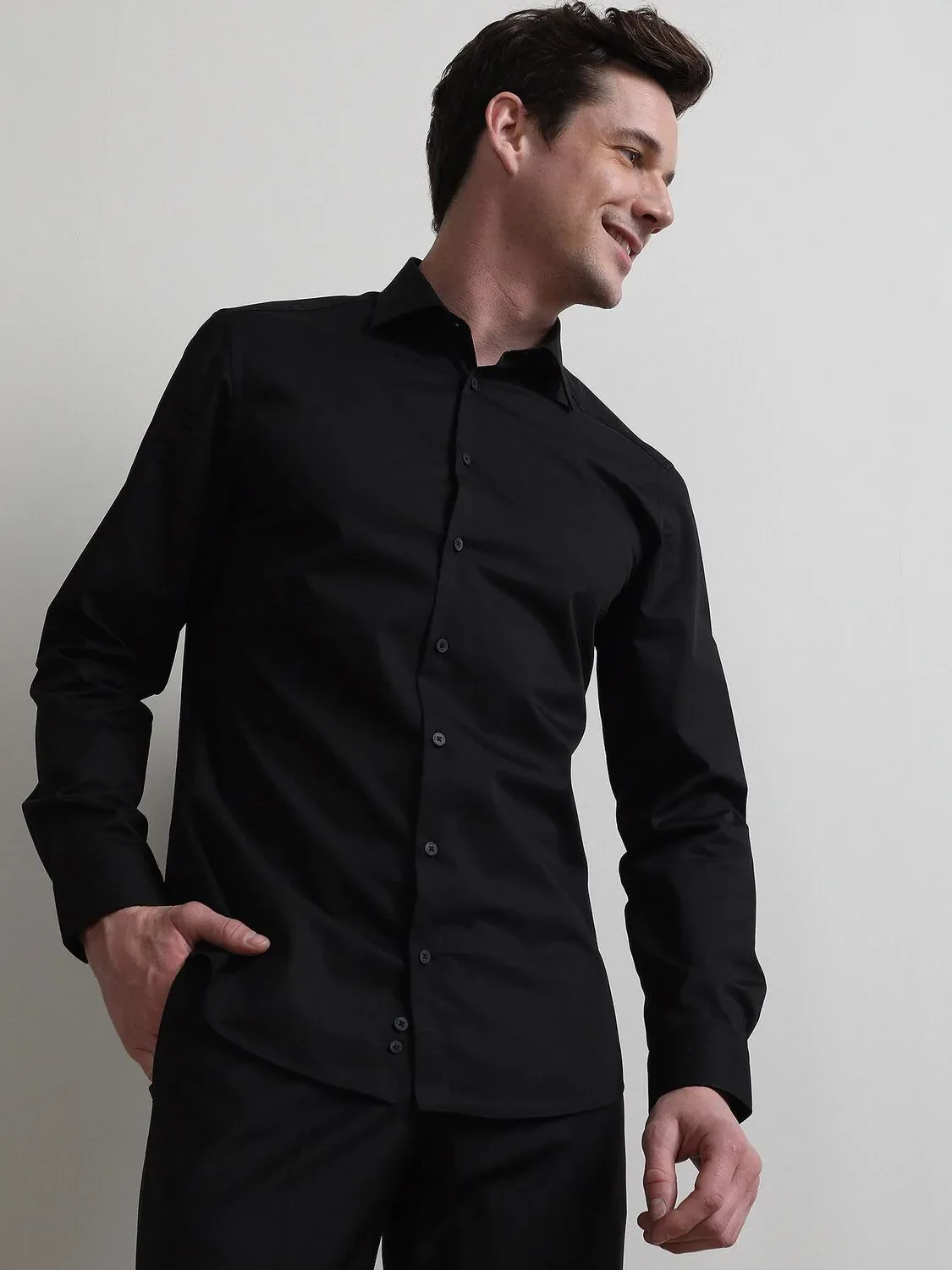 Black Plain Slim Fit Weaving Classical Cotton Blended Shirt - 3