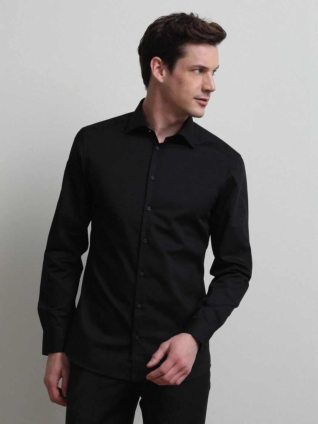 Black Plain Slim Fit Weaving Classical Cotton Blended Shirt - 4