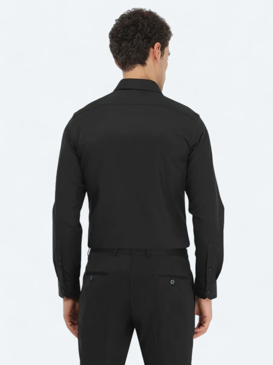Black Plain Slim Fit Weaving Classical Cotton Blended Shirt - 4
