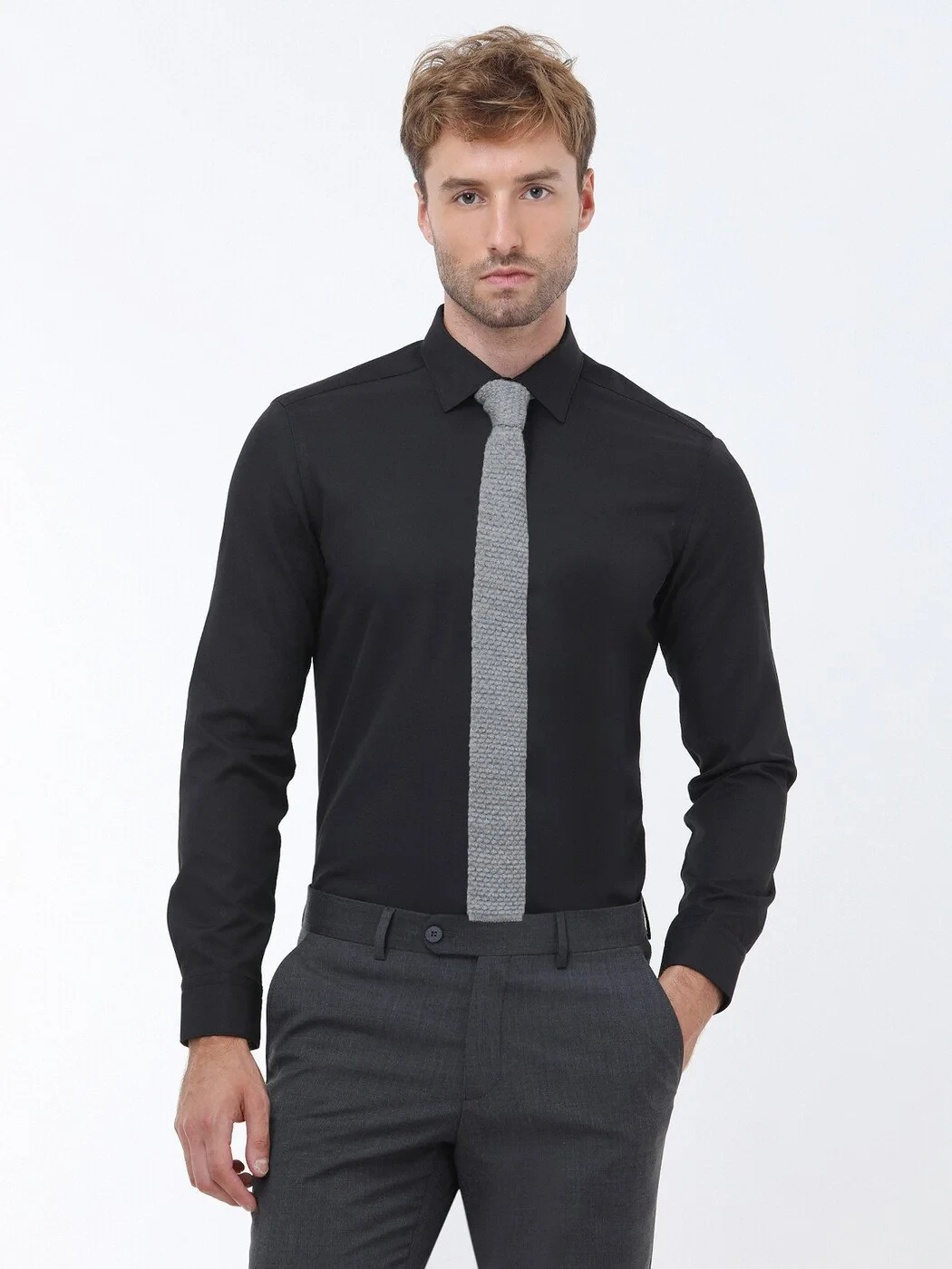Black Plain Slim Fit Weaving Classical Cotton Blended Shirt - 1