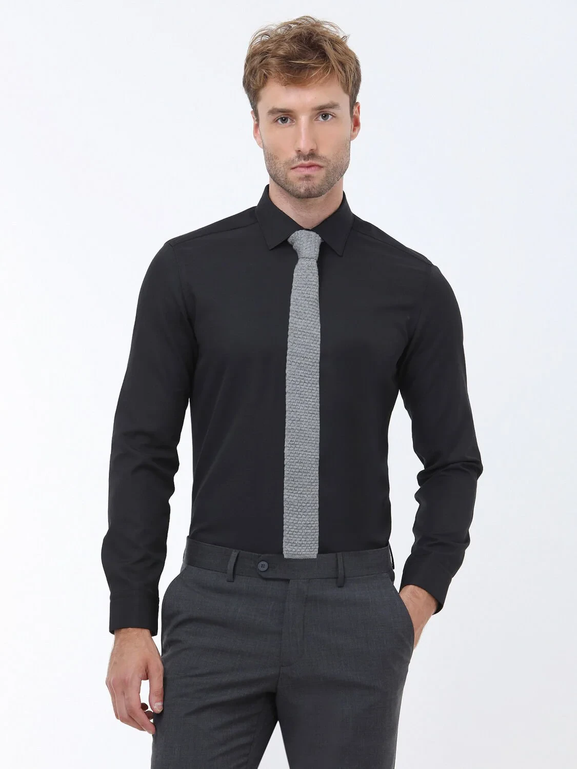 Black Plain Slim Fit Weaving Classical Cotton Blended Shirt - 1